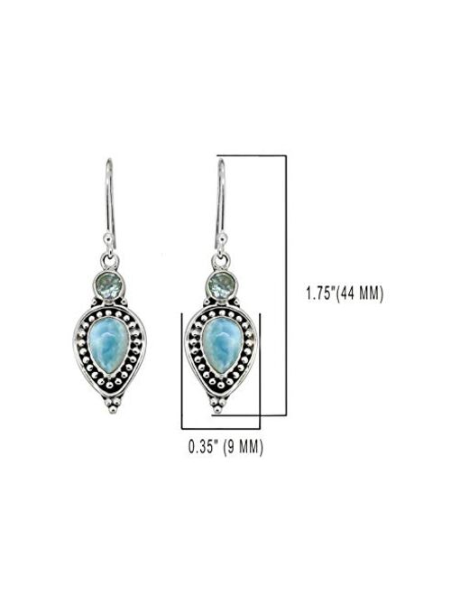 YoTreasure Natural Larimar Blue Topaz Teardrop Dangle Earrings Solid 925 Sterling Silver