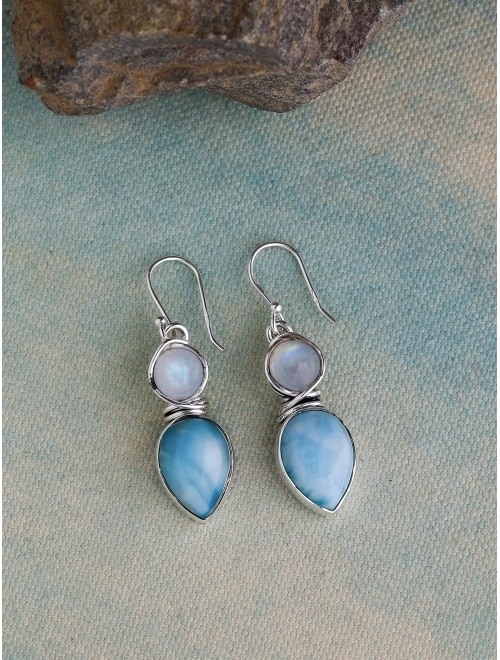 YoTreasure Larimar & Moonstone Solid 925 Sterling Silver Dangle Earrings