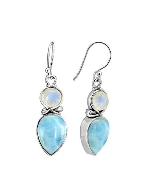 YoTreasure Larimar & Moonstone Solid 925 Sterling Silver Dangle Earrings