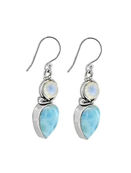 YoTreasure Larimar & Moonstone Solid 925 Sterling Silver Dangle Earrings