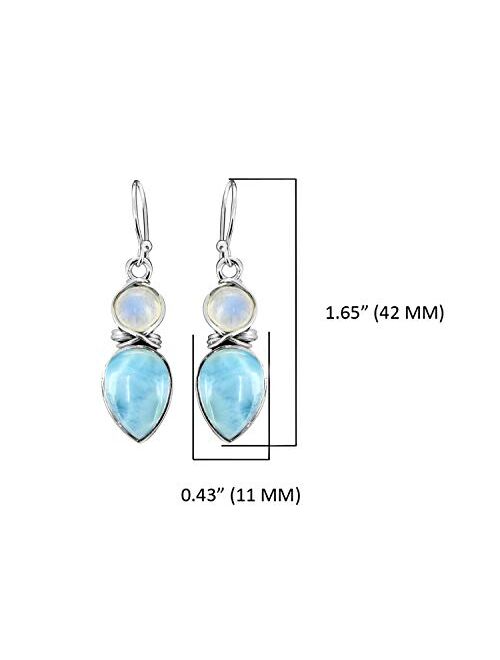 YoTreasure Larimar & Moonstone Solid 925 Sterling Silver Dangle Earrings