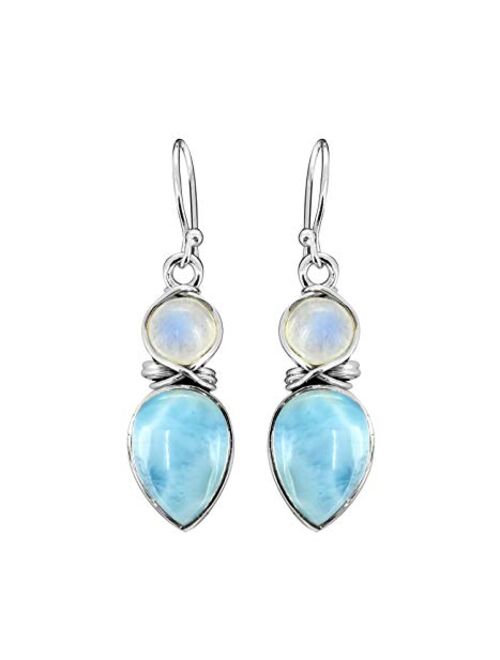 YoTreasure Larimar & Moonstone Solid 925 Sterling Silver Dangle Earrings