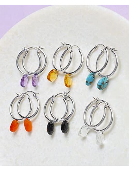 YoTreasure Black Onyx Carnelian Amethyst Citrine White Topaz Blue Turquoise Larimar 925 Sterling Silver Hoop Earring