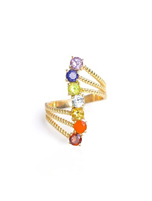 YoTreasure 7 Chakra Stone 925 Sterling Silver Gold Plated Twisted Rope Designed Bypass Ring