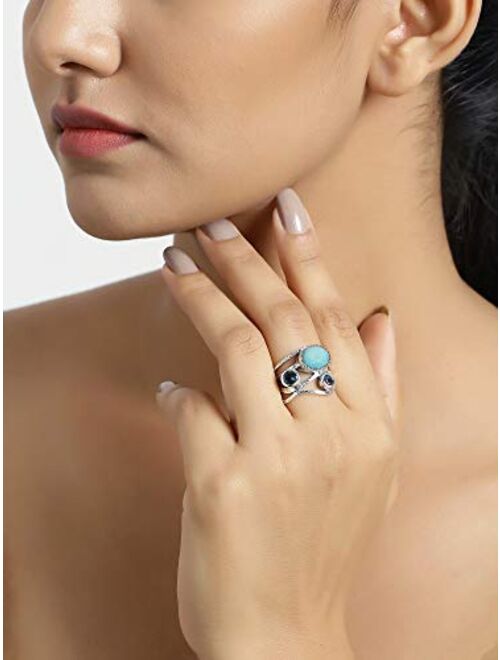 YoTreasure Natural Larimar London Blue Topaz Solid 925 Sterling Silver Designer Bypass Ring Jewelry