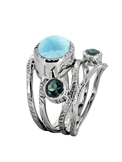 YoTreasure Natural Larimar London Blue Topaz Solid 925 Sterling Silver Designer Bypass Ring Jewelry