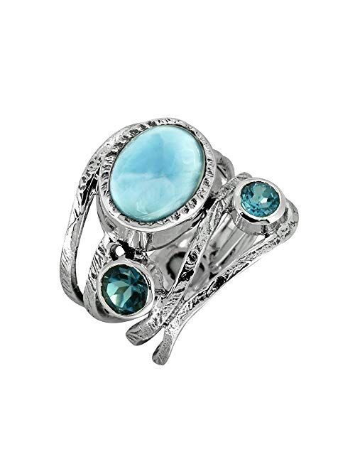 YoTreasure Natural Larimar London Blue Topaz Solid 925 Sterling Silver Designer Bypass Ring Jewelry