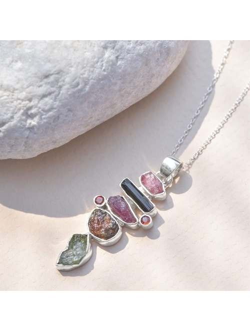 YoTreasure Raw Tourmaline Gemstone Solid 925 Sterling Silver Chain Pendant Jewelry