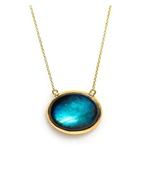 YoTreasure 14K Gold Over 925 Silver Chain Pendant Labradorite, Mohave Blue Purple Copper Turquoise Moonstone Necklace Jewelry