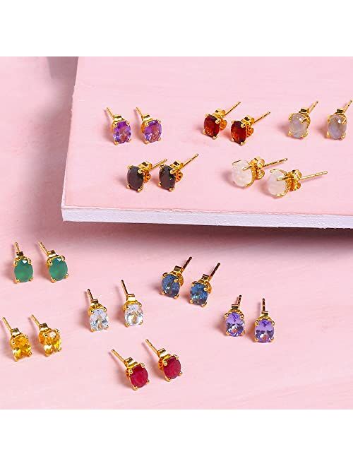 YoTreasure 10K Yellow Gold Tanzanite Black Green Onyx Turquoise Glass Filled Ruby London Blue Topaz Amethyst Garnet Stud Earrings