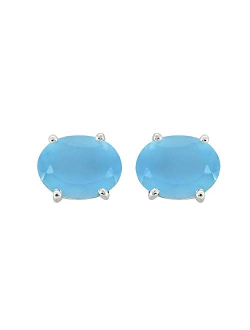 YoTreasure Blue Onyx Oval Shape Stud Earrings 925 Sterling Silver Gemstone Jewelry