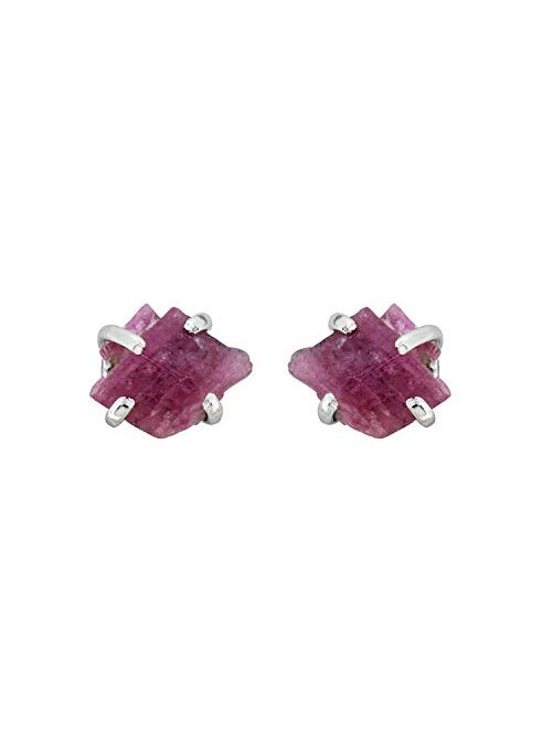 YoTreasure Raw Pink Tourmaline Stud Earrings Solid 925 Sterling Silver Jewelry