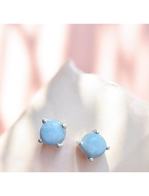 YoTreasure 6 mm Round Larimar Stud 925 Sterling Silver Earrings Hypoallergenic Jewelry