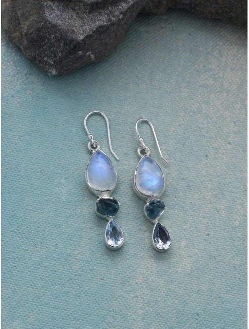 YoTreasure 1.85" Rainbow Moonstone Neon Apatite Blue Topaz Solid 925 Sterling Silver Gemstone Dangle Earrings Jewelry