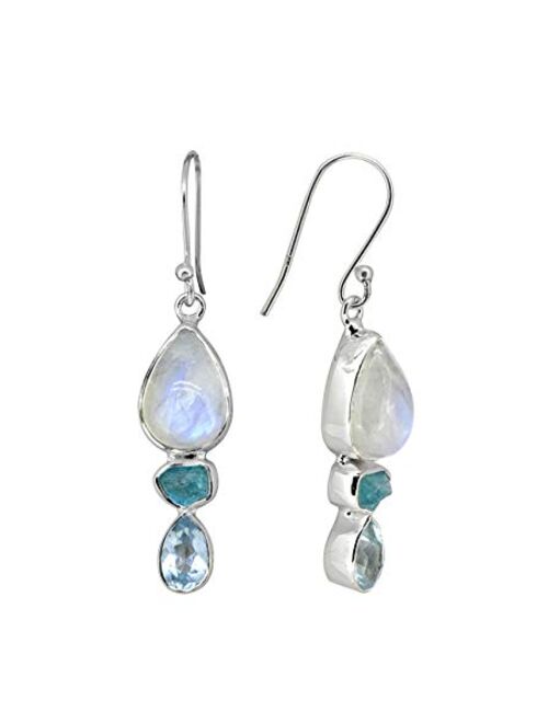 YoTreasure 1.85" Rainbow Moonstone Neon Apatite Blue Topaz Solid 925 Sterling Silver Gemstone Dangle Earrings Jewelry