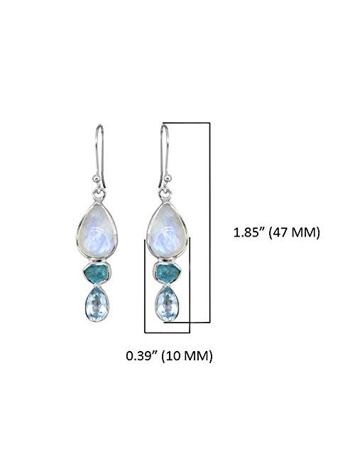 YoTreasure 1.85" Rainbow Moonstone Neon Apatite Blue Topaz Solid 925 Sterling Silver Gemstone Dangle Earrings Jewelry