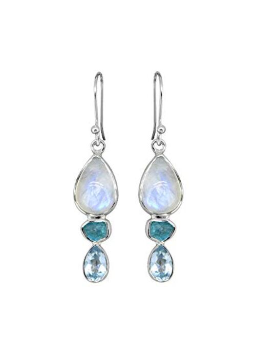 YoTreasure 1.85" Rainbow Moonstone Neon Apatite Blue Topaz Solid 925 Sterling Silver Gemstone Dangle Earrings Jewelry