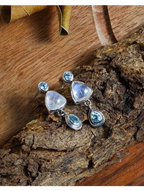 YoTreasure Rainbow Moonstone Sky Blue Topaz Solid 925 Sterling Silver Drop Earrings