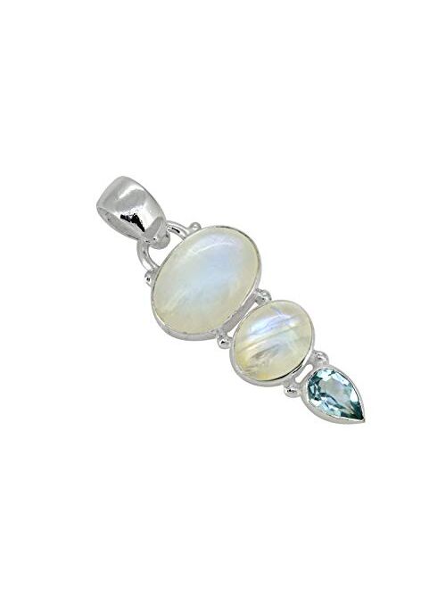 YoTreasure Rainbow Moonstone & Blue Topaz Solid 925 Sterling Silver Chain Pendant