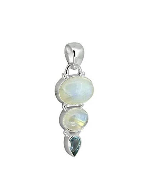 YoTreasure Rainbow Moonstone & Blue Topaz Solid 925 Sterling Silver Chain Pendant