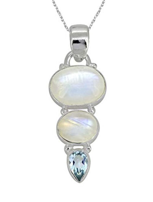 YoTreasure Rainbow Moonstone & Blue Topaz Solid 925 Sterling Silver Chain Pendant