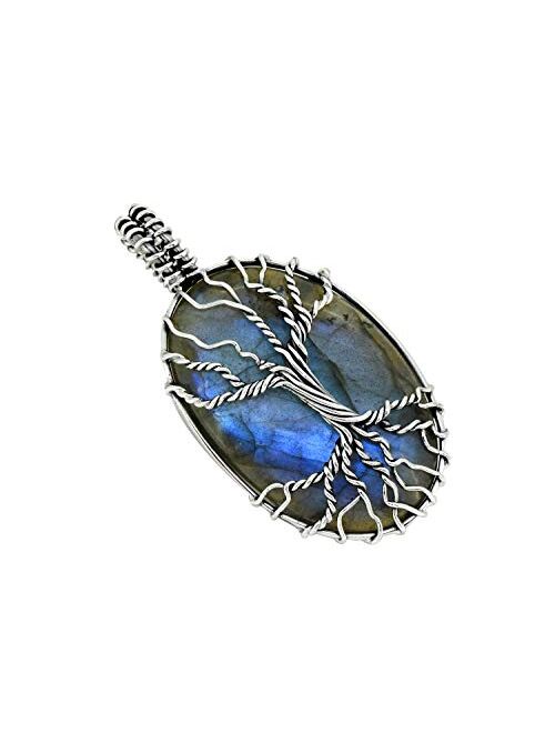 YoTreasure 1.88" Tree of Life Labradorite Pendant 925 Sterling Silver Chain Necklace