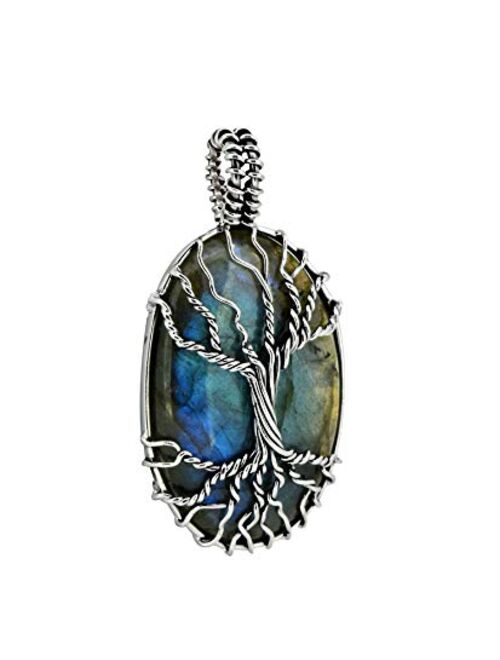 YoTreasure 1.88" Tree of Life Labradorite Pendant 925 Sterling Silver Chain Necklace