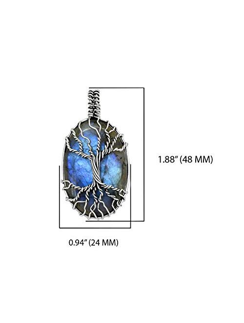 YoTreasure 1.88" Tree of Life Labradorite Pendant 925 Sterling Silver Chain Necklace