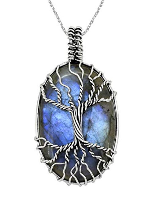 YoTreasure 1.88" Tree of Life Labradorite Pendant 925 Sterling Silver Chain Necklace