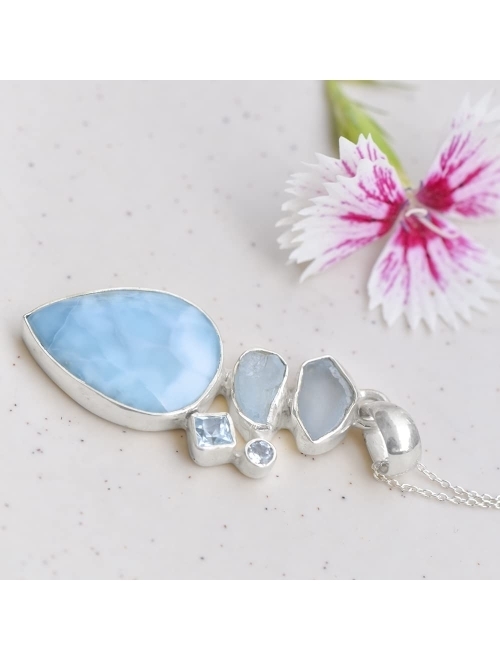 YoTreasure Larimar Blue Topaz Solid 925 Sterling Silver Pendant Chain Necklace Jewelry