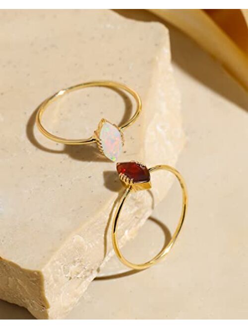 YoTreasure Solid 14K Yellow Gold Natural Opal Red Garnet Solitaire Ring