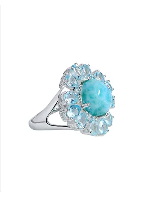 YoTreasure Natural Larimar Sky Blue Topaz 925 Sterling Silver Cluster Ring Jewelry