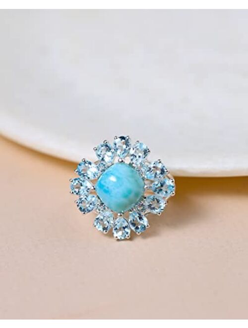 YoTreasure Natural Larimar Sky Blue Topaz 925 Sterling Silver Cluster Ring Jewelry