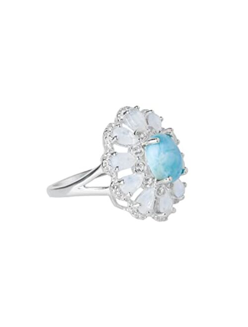 YoTreasure Natural Larimar Moonstone White Topaz Cluster Ring 925 Sterling Silver Wedding Jewelry