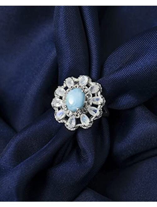 YoTreasure Natural Larimar Moonstone White Topaz Cluster Ring 925 Sterling Silver Wedding Jewelry