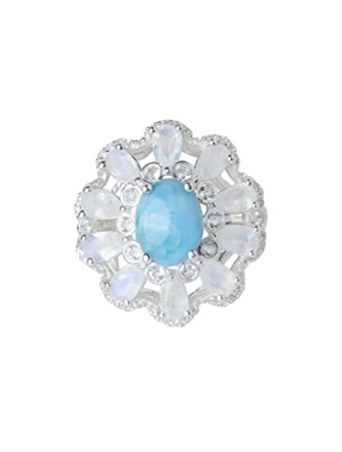 YoTreasure Natural Larimar Moonstone White Topaz Cluster Ring 925 Sterling Silver Wedding Jewelry