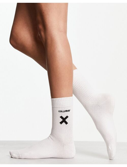 COLLUSION Unisex logo sock in white