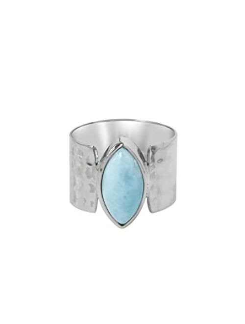 YoTreasure 7x14 MM Larimar 925 Sterling Silver Wide Band Bold Ring