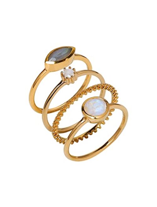 YoTreasure Moonstone Labradorite Love Ring Gold Over Silver Stackable Rings Set