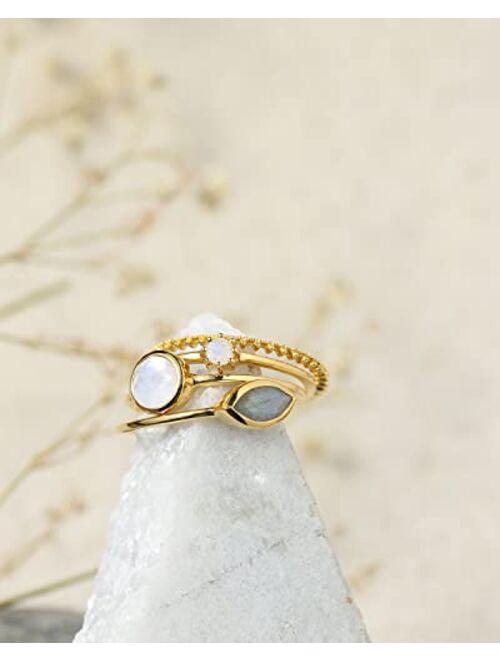 YoTreasure Moonstone Labradorite Love Ring Gold Over Silver Stackable Rings Set