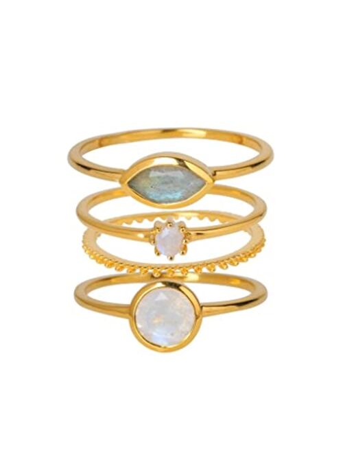 YoTreasure Moonstone Labradorite Love Ring Gold Over Silver Stackable Rings Set