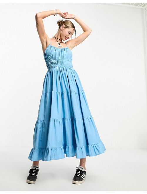 COLLUSION tiered cami midi summer dress in blue