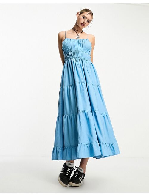 COLLUSION tiered cami midi summer dress in blue