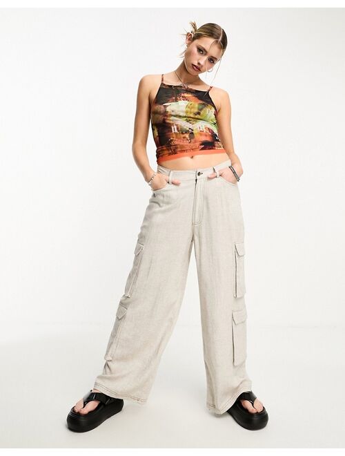 COLLUSION pocket detail wide leg linen pants in stone