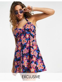 floral print beach halter neck dress in multi