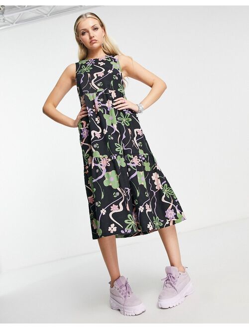 COLLUSION strap back midi smock sundress in floral print