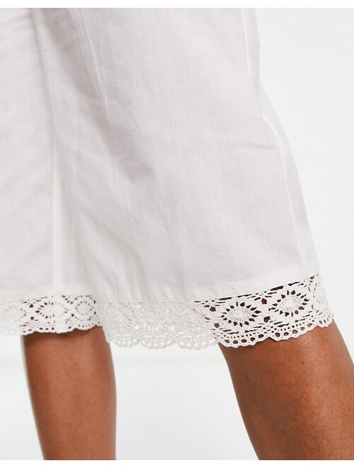 COLLUSION cotton poplin lace trim 3/4 length shorts in white