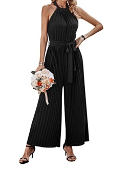 KIRUNDO 2023 Women Summer Halter Neck Sleeveless Pleated High Waist Belted Dressy Wide Leg Pant One Piece Jumpsuits Romper