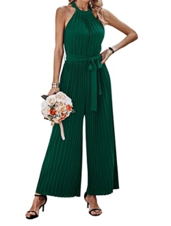 KIRUNDO 2023 Women Summer Halter Neck Sleeveless Pleated High Waist Belted Dressy Wide Leg Pant One Piece Jumpsuits Romper