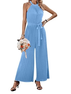 KIRUNDO 2023 Women Summer Halter Neck Sleeveless Pleated High Waist Belted Dressy Wide Leg Pant One Piece Jumpsuits Romper